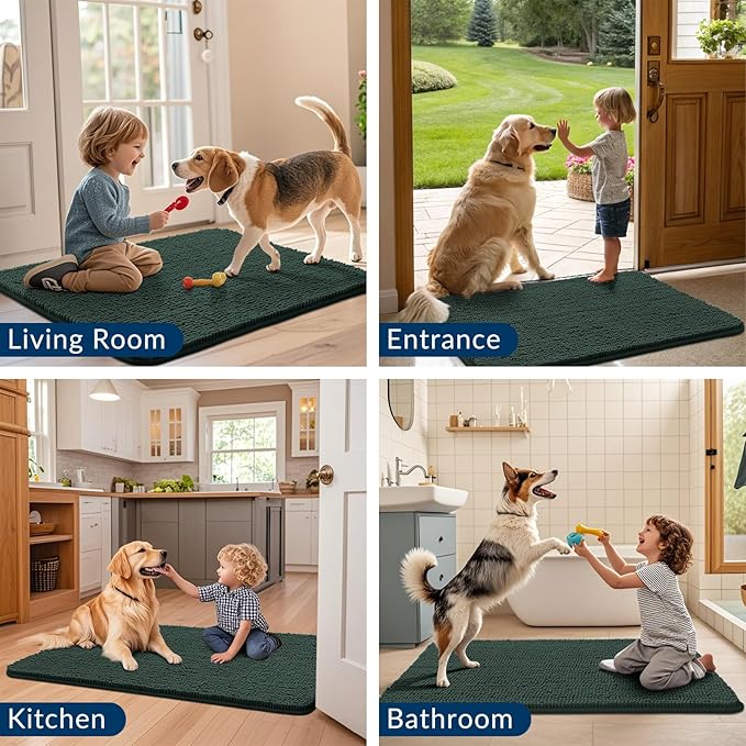 Smiry Dog Door Mat for Muddy Paws 59x24, Absorbs Moisture and Dirt Doormat, Non-Slip Washable Quick Dry Chenille Front Door Mat Indoor Entrance, Entryway Carpet for Inside Floor, Green