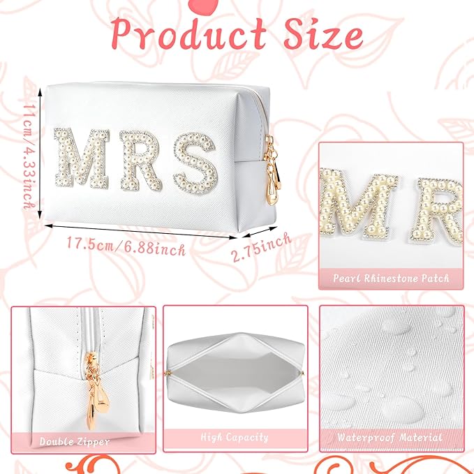 Bride Makeup Bag, Bride Patch MRS Cosmetic Bag, Pearl Rhinestone Letter Toiletry Bag, Wedding Bag, Portable PU Leather Waterproof Zipper Pouch, Bride Gift, Bridal Shower Gift, Engagement Gift