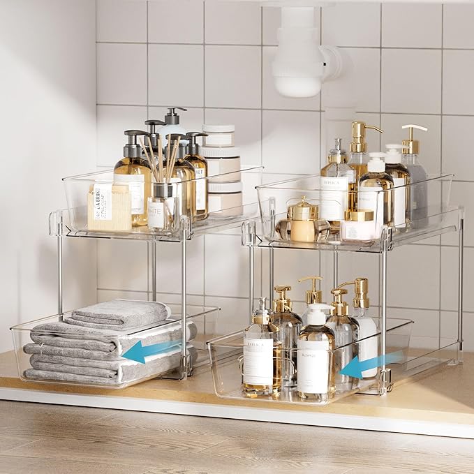 Vtopmart 8 Pack Bathroom Organizer, 2 Tier Clear Under Sink Organizers Vanity Countertop Storage Container,Cabinet Drawers Bins, Pull-Out Organization with Track for Pantry, Kitchen