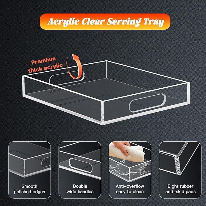 15 * 15 Acrylic Tray for Ottoman, Serving Tray with Handle, Lucite Tray Organizer for Bench, Coffee Table Countertop, Kitchen, Bathroom, Living Room, Powder Room