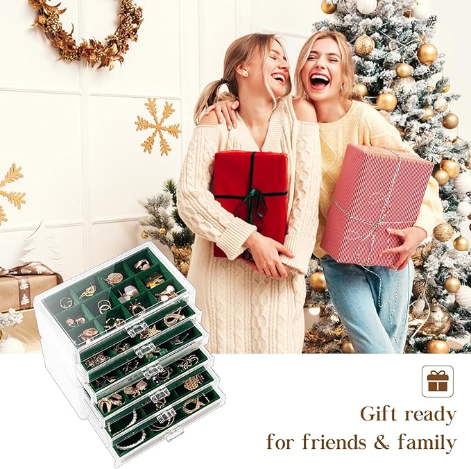 Lolalet Earring Holder Organizer Box Jewelry Storage with 6 Drawers, Clear Acrylic Stackable Earring Case with Adjustable Velvet Trays for Women on Dresser Vanity -Emerald, 6 Layers