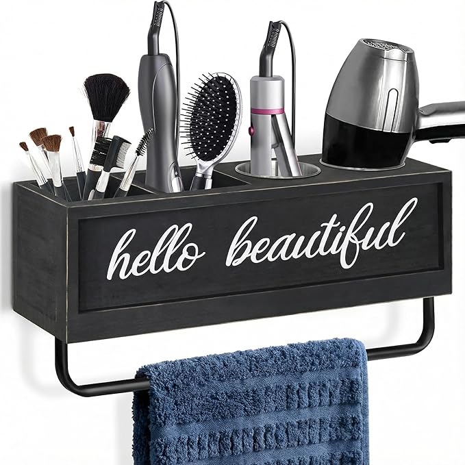 Hair Dryer Holder Wall Mounted, Hair Tools and Styling Organizer with Towel Bar, Farmhouse Beauty Hair Appliance Holder for Flat Iron, Curling Wand, Towel Rack (Black)