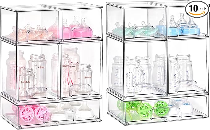 Vtopmart 10 Pack Clear Baby Bottle Organizer Set, Stackable Storage Drawers Ideal for Kichen Countertop, Vanity, Bathroom, Cabinet, Pantry Organization