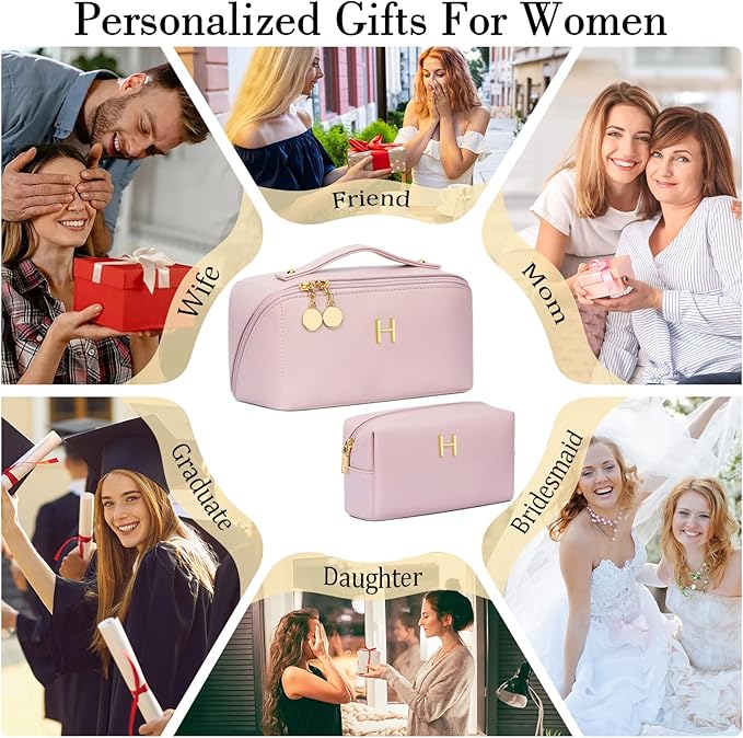 Birthday Gifts for Women Teen Girl, Personalized Initial Makeup Organizer Bag Set, Open Flat Travel Cosmetic Bag With Clear Divider and Handle(Pink,H)