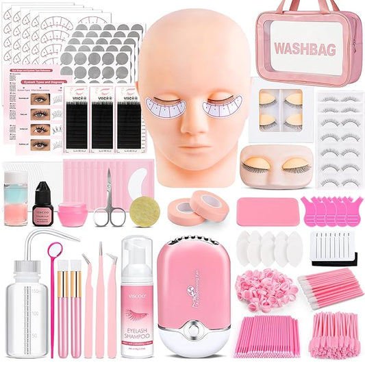 VISCOO Upgraded Eyelash Extension Kit for Beginners, Lash Extension Kit with Mannequin Head, Eye Model with Replacement False Lashes,Lash Starter Kit with Fan,Extension Glue and Remover for Training