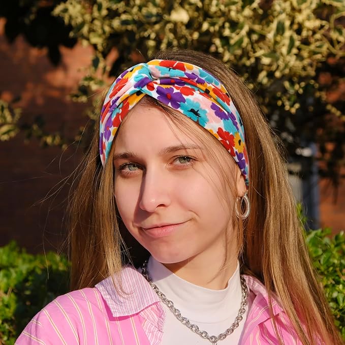 DRESHOW 4 Pack Boho Non-Slip Headbands for Women Girls Yoga Workout Running Knotted Turban Floral Elastic Head Wrap