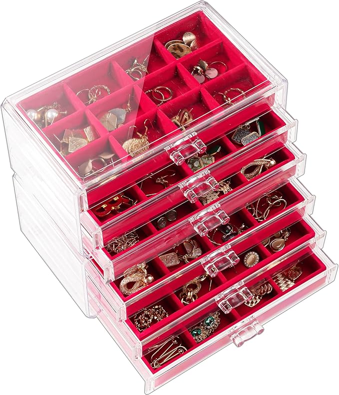 Lolalet Earring Holder Organizer Box Jewelry Storage with 6 Drawers, Clear Acrylic Stackable Earring Case with Adjustable Velvet Trays for Women on Dresser Vanity -Red, 6 Layers