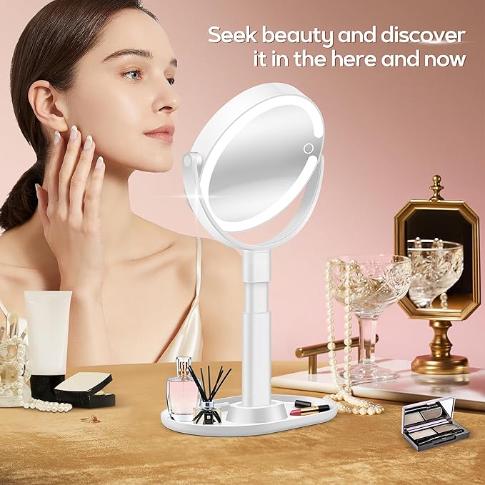 B Beauty Planet Vanity Mirror with Lights, 30X Magnifying Makeup Mirror with 3 Lighting and Adjustable Brightness, Rechargeable 2-Sided Height Adjustable Desk Mirror for Bathroom, Gift for Women White