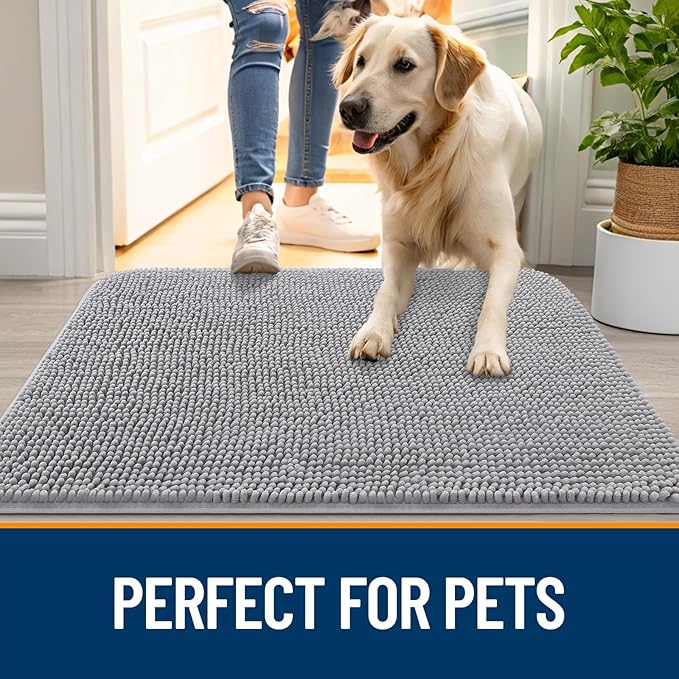 OLANLY Dog Door Mat for Muddy Paws 70x32, Absorbs Moisture and Dirt, Absorbent Non-Slip Washable Doormat, Quick Dry Chenille Mud Mat for Dogs, Entry Indoor Entryway Carpet for Inside Floor, Light Grey