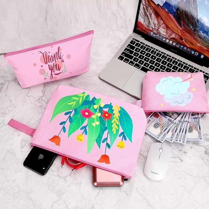 10 Pieces Cotton Canvas Makeup Bag with Bottom and Strap, Multi-Purpose Cosmetic Bag with Zipper Travel Toiletry Pouch, Blank DIY Craft Bag Pencil Bag (Pink, M) (MN-WB07)