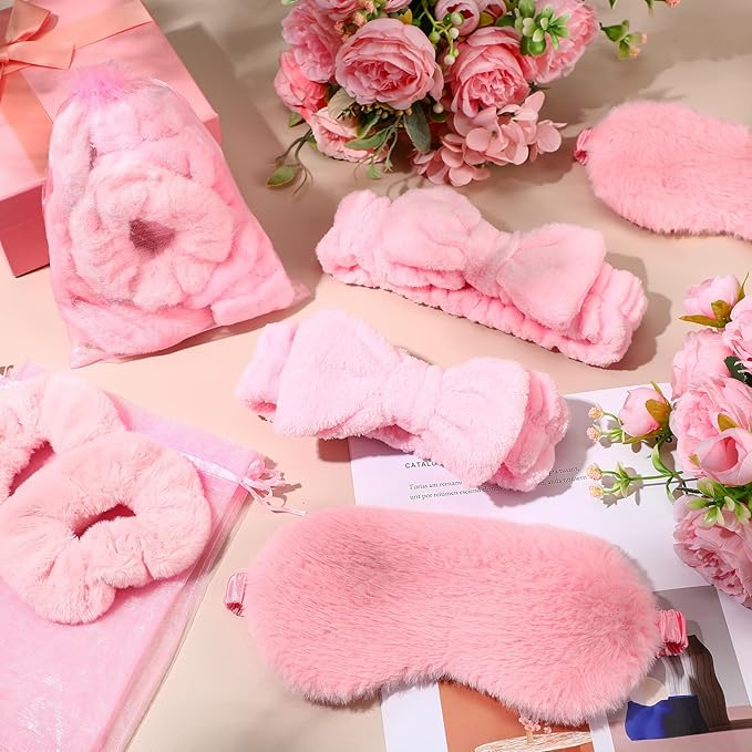 Mimorou 48 Pieces Galentine Spa Party Supplies 12 Spa Headband 12 Plush Sleep Eye Mask 12 Velvet Scrunchies 12 Organza Bags for Sleepover Slumber Party Favors Valentine Gift(Pink)
