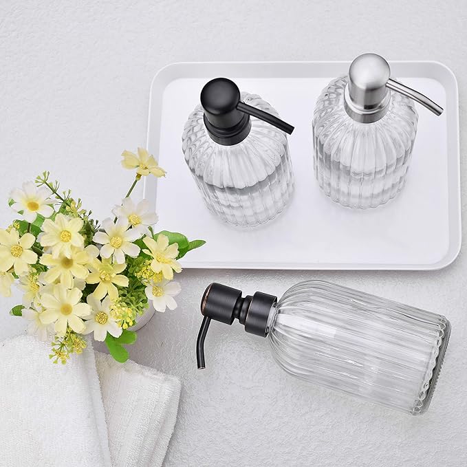 16Oz Clear Glass Soap Dispenser with Rust Proof Bronze Stainless Steel Pump, Refillable Bathroom Soap Dispenser with Vertical Stripe, Oil Rubbed Bronze Pump Kitchen Dispensers