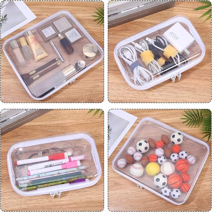 2 Pcs Clear Hard Shell Zipper Case, Portable Clear Zipper Pouches Hard Shell, Waterproof Plastic Transparent Storage Box Set with Double Zips for Cosmetic Stationery Snack Toy Storage Organizer Bins