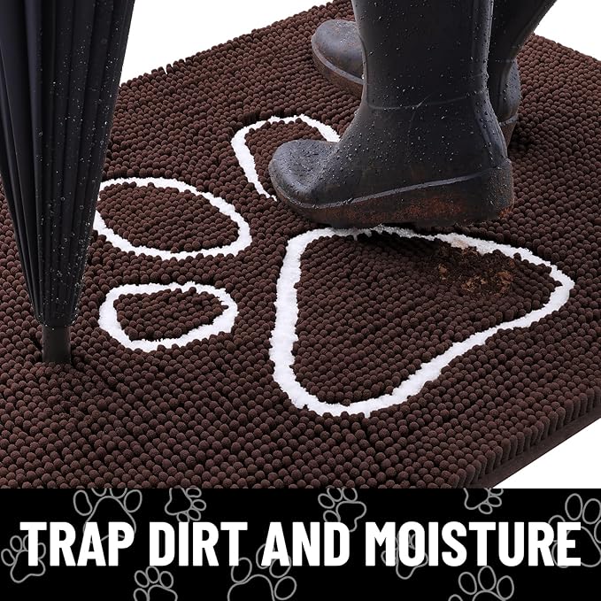 Smiry Dog Door Mat for Muddy Paws, Absorbent Dirt Trapper Non Slip Quick Dry Washable Chenille Mat for Mud Dogs, Entry Rug for Indoor and Outdoor (54x32 Inches, Brown and White)