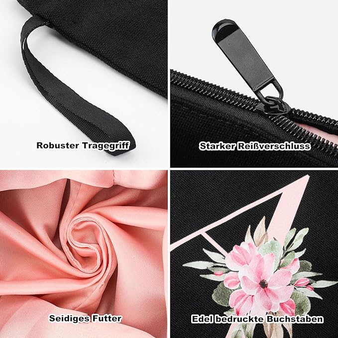 Vavabox A-Z Personalized Makeup Bag, Birthday Gifts for Women Mom, Gifts for Best Friend, Bride Bridesmaid Cosmetic bag (D, 04-Black Set)
