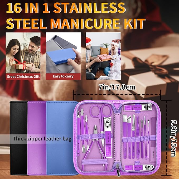 Manicure Set 16 In 1 Professional Stainless Steel Pedicure Kit Toenail Clippers Set Mens Grooming Kit Fingernail Kit for Women with Luxurious Travel Bag, Suitable for Home, Travel, and Salon (Black)