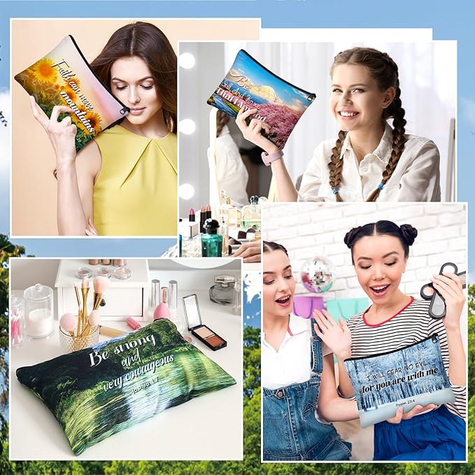 Pinkunn 16 Pcs Valentines Canvas Makeup Bags Bulk Inspirational Christian Women Religious Galentine Gifts Inspirational Bible Verse Pencil Pouch Makeup Bags with Zipper for Travel(Landscape)