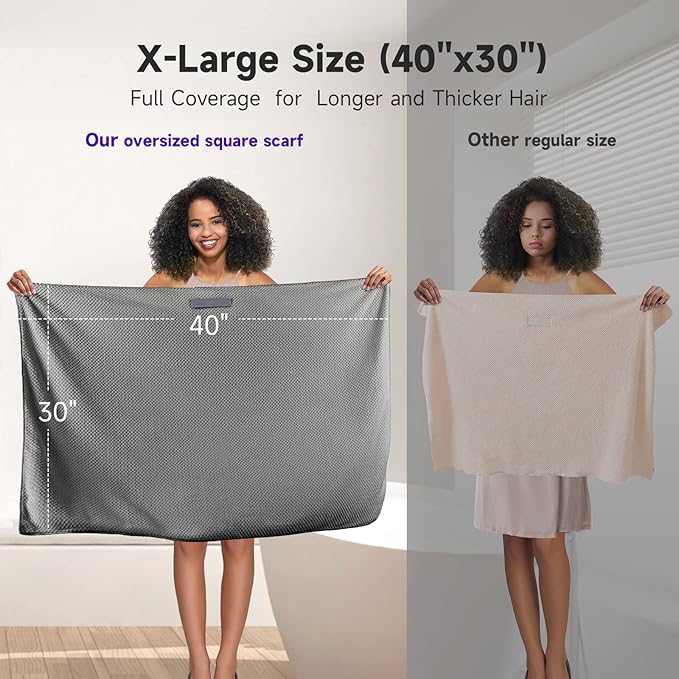 Umisleep Extra Large Microfiber Hair Towel for Women Long, Curly, Thick Hair, Super Soft Anti Frizz Quick Dry Hair Towel Wrap, Ultra Absorbent Hair Turban with Elastic Band Grey