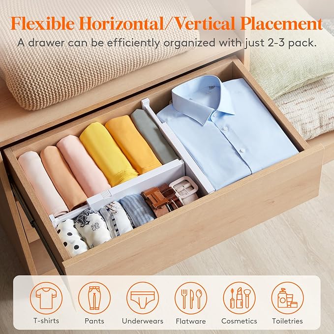 Lifewit 4 Pack Drawer Divider 4" High,11-17" Drawer Dividers for Clothes, Adjustable Clothing Drawer Organizers, Expandable White Dresser Drawer Separators for Bedroom, Bathroom, Vanity, Office