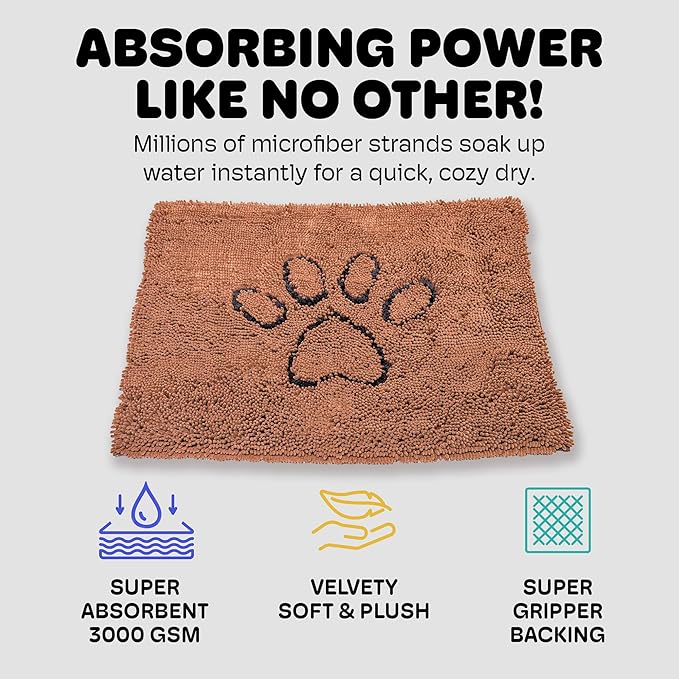 Dog Gone Smart Dirty Dog Doormat - Fast Drying Rug with Super Gripper Backing for Clean Floors - Super Absorbent Microfiber and Machine Washable Mat for Muddy Paws - Brown