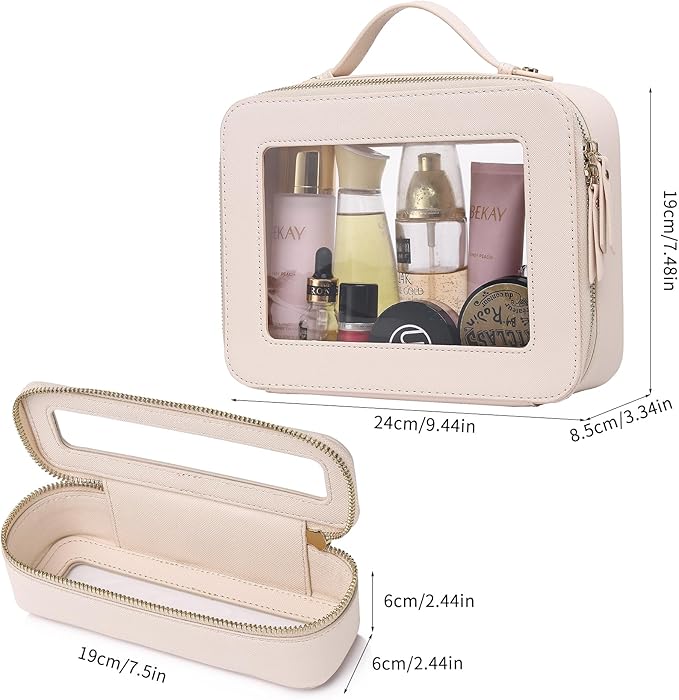 Clear Travel Makeup Bag with Brush Bag Portable Transparent Cosmetic Bag and Toiletry Bag Waterproof Clear Makeup Bag with Zipper Car Bag for Women (Beige, L+Slim)