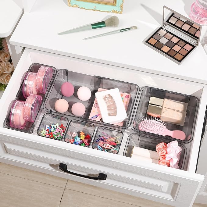 14 PCS Black Expandable Drawer Organizer, 3 Sizes Drawer Organizers and Storage, Vanity Dividers, Acrylic Storage Bins for Makeup, Jewelry Gadgets for Kitchen, Bedroom, Bathroom, Office