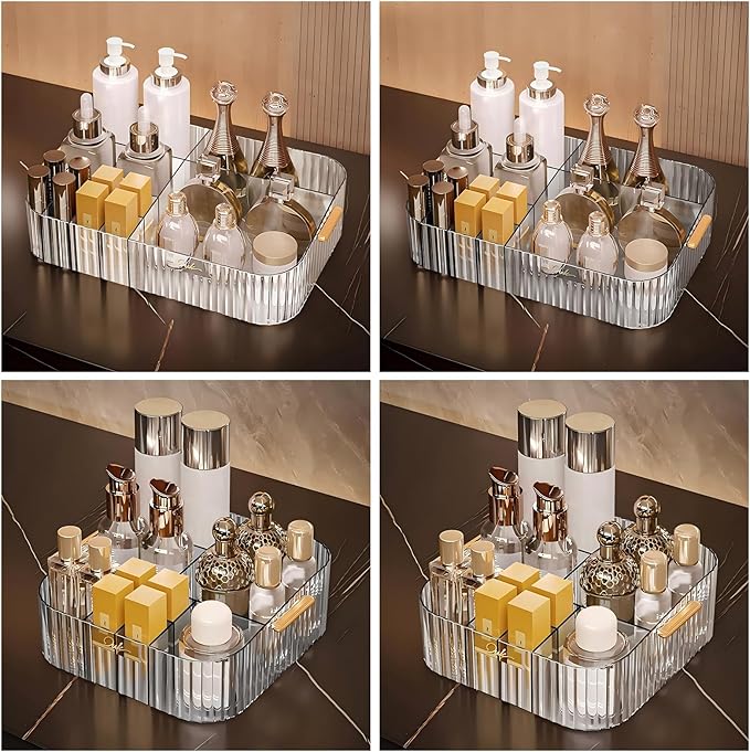 DASITON Acrylic Makeup Organizer,9 Slots Makeup Brush Holder,Makeup Storage with Handle,Vintage Striped Cosmetic Organizer for Desk Storage Container,Vanity,Bathroom(Clear)