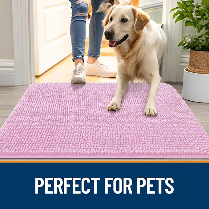 OLANLY Dog Door Mat for Muddy Paws 30x17, Absorbs Moisture and Dirt, Absorbent Non-Slip Washable Doormat, Quick Dry Chenille Mud Mat for Dogs, Entry Indoor Entryway Carpet for Inside Floor, Pink
