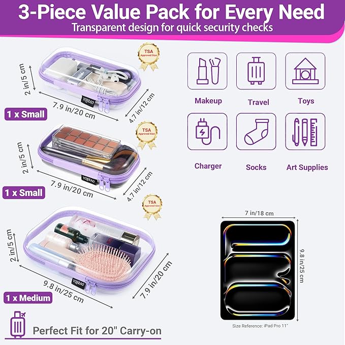 3 Pack Hard Sided Clear Zipper Case for Storage- Thickened-Grade Clear Hard Shell Zipper Case for Organizing Bead, Handicrafts, Sewing, Toiletries, Makeup (Purple)