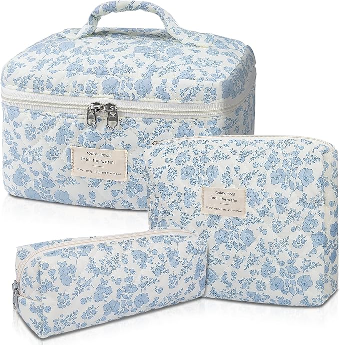 Makeup Bag, Large Quilted Cosmetic Bag, Big Floral Make Up Bag for Women Girls, Cute Cotton Makeup Bag Set, Flower Travel Toiletry Organizer Bag (Blue Flower)