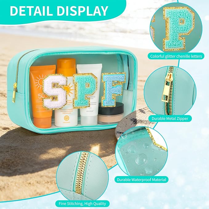 Clear Waterproof Makeup Bag, Cute Sunscreen Bag Pouch with Letter Patches, Travel Beach Pool Bag,Personalized Travel Toiletry Cosmetic Bags Gifts For Girl Women Mom Teacher Nurse (Blue-SPF)
