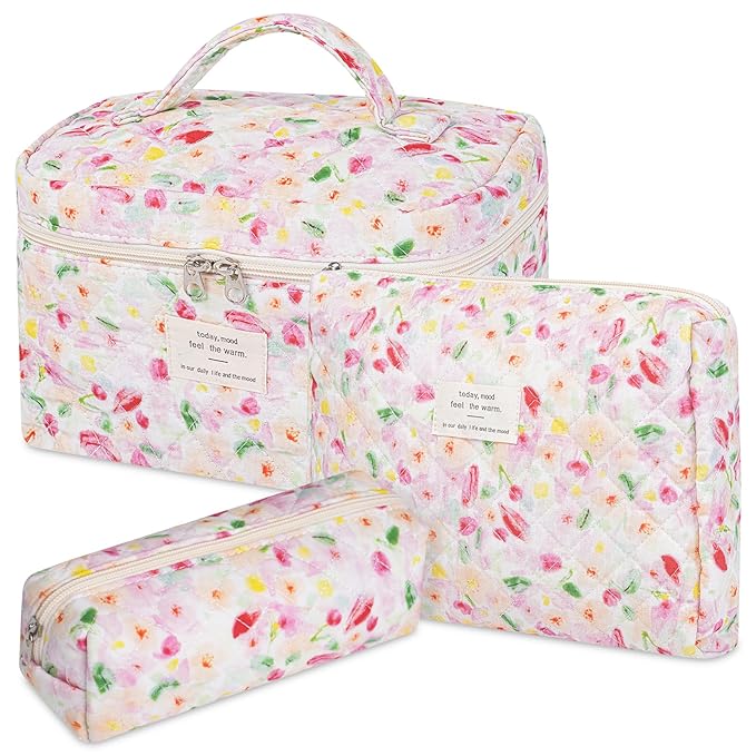 senbowe Floral Makeup Bag, 3 Pack Large Cotton Quilted Makeup Bag Set, Cute Floral Coquette Aesthetic Toiletry Bag Make Up Cosmetic Bag for Women, Toiletry Travel Make Up Organizer Bag