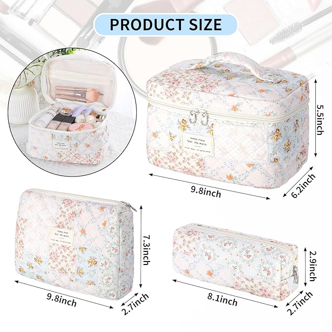 senbowe Floral Makeup Bag, 3 Pack Large Cotton Quilted Makeup Bag Set, Cute Floral Coquette Aesthetic Toiletry Bag Make Up Cosmetic Bag for Women, Toiletry Travel Make Up Organizer Bag