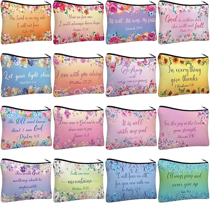 Pinkunn 16 Pcs Valentines Canvas Makeup Bags Bulk Inspirational Christian Women Religious Galentine Gifts Inspirational Bible Verse Pencil Pouch Makeup Bags with Zipper for Travel(Bible)