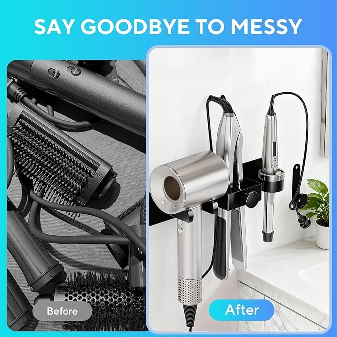 Hair Dryer Holder Wall Mount with Plug&Cord Organizer, Curling Iron Holder Flat Iron, 3-in-1 Bathroom Hair Tool Organizer and Storage, Straightener Holder, Metal Blow Dryer Holder Rack for Most Dryers
