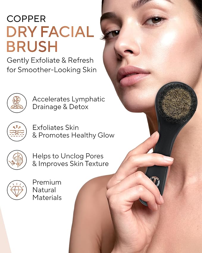 TheraCopper Copper Dry Facial Brush – Lymphatic Drainage Facial Dry Brush for Face with Natural Copper Bristles for Improved Circulation & Exfoliation – Daily Face Care for Refreshed & Glowing Skin