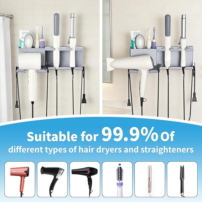 Blow Dryer Holder, 2 Installation Methods (Adhesive & Screws) Hair Dryer Holder Wall Mounted, Metal Hair Tool Organizer for Curling Iron, Straightener, Bathroom Wall Organizer, Gray