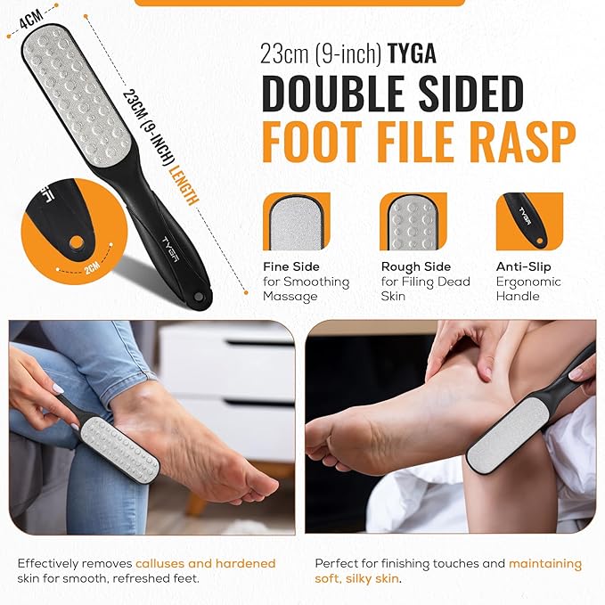 TYGA Foot Rasp Filer, Double Sided File & Scrubber Set - Callus Remover for Dead Skin Removal, Cracked Hard Skin, Coarse, Fine Scraper, Wet, Dry Spa Care, Surgical Stainless Steel, Nickel (3 Pack)