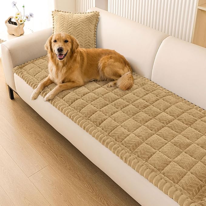 Smiry Non Slip Couch Covers for Dogs, Fuzzy Pet Couch Covers for 2-3 Cushion Sofa Pet Friendly, Soft Sofa Slipcovers Cushion Furniture Protector Washable (Camel, 27.6" x 59")