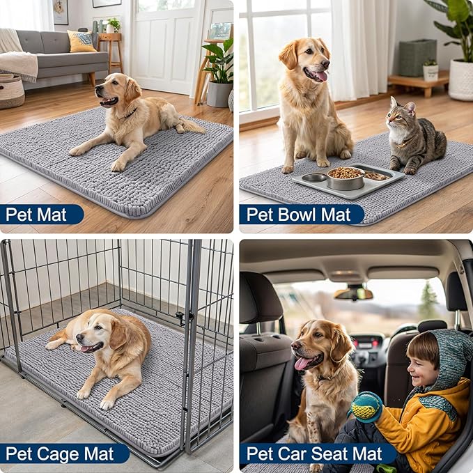 Smiry Dog Door Mat for Muddy Paws 30x20, Absorbs Moisture and Dirt Doormat, Non-Slip Washable Quick Dry Chenille Front Door Mat Indoor Entrance, Entryway Carpet for Inside Floor, Light Grey
