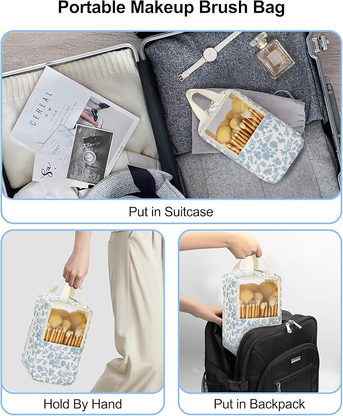 MONSTINA Makeup Brush Bag, Travel Makeup Brush Case Portable Large Makeup Brush Holder Marker Organizer Pro Makeup Artist Bags Sets Clear Cosmetic Bags Blue flowers