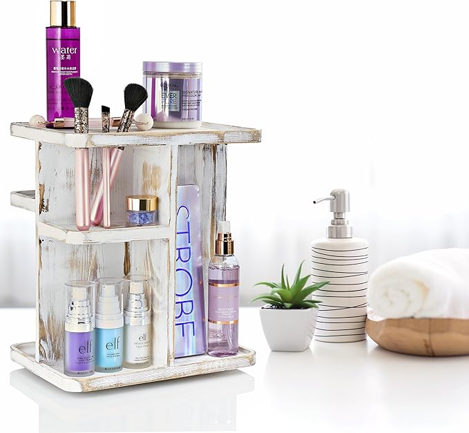 Sorbus 360° Makeup Organizer - Grey Rustic Wood Storage Carousel for Cosmetics, Make Up, Skin Care Organizer - Rotating Makeup Organizer for Vanity, Bathroom Storage, Bedroom, Kitchen, Desk, Dorm
