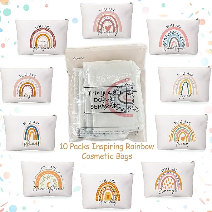 Coume 10 Pcs Valentines Canvas Makeup Bags Bulk, Inspirational Quotes Cosmetic Zipper Encouragement Travel Pouch Toiletry Bag Women Teacher Friend Birthday Gift(Multicolor,Rainbow)
