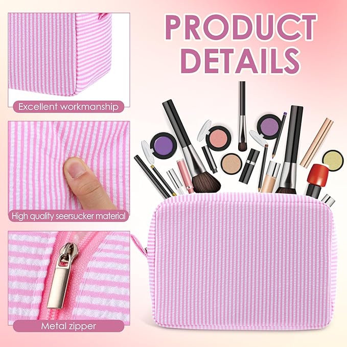 Sanwuta 6 Pcs Seersucker Cosmetic Bag Bulk Pinstripe Makeup Bag for Women Aesthetic Cute Travel Toiletry Organizer Preppy Storage Pouch for Wedding Bridesmaid Christmas Gift(Large,Macaron Color)