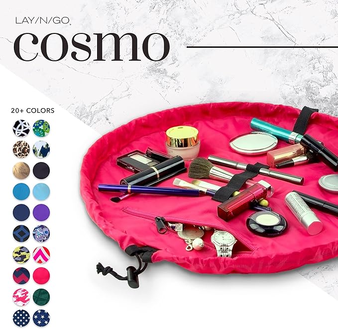 Lay-n-Go Cosmo Layflat Drawstring Cosmetic & Makeup Bag Organizer w/Zipper Pocket, Brush Loops & More, Cinch to Close, Lay Flat to Use, Durable, Machine Wash, Travel Toiletry Bag (20", Pink)