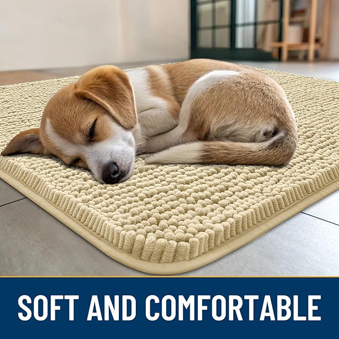 Smiry Dog Door Mat for Muddy Paws 30x20, Absorbs Moisture and Dirt Doormat, Non-Slip Washable Quick Dry Chenille Front Door Mat Indoor Entrance, Entryway Carpet for Inside Floor, Cream White