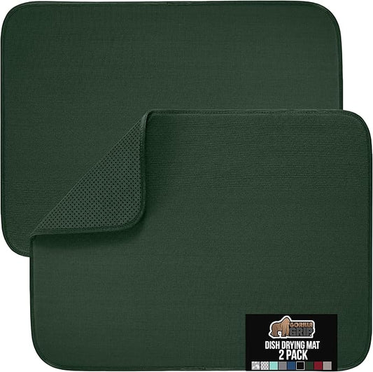 GORILLA GRIP Ultra Water Absorbent Microfiber Dish Drying Mat 2 PK, Quick Dry Thick Mesh, Slip Resistant Pad for Sink Dishes Under Rack, Kitchen Counter Accessories, Machine Wash, 18x16 Hunter Green