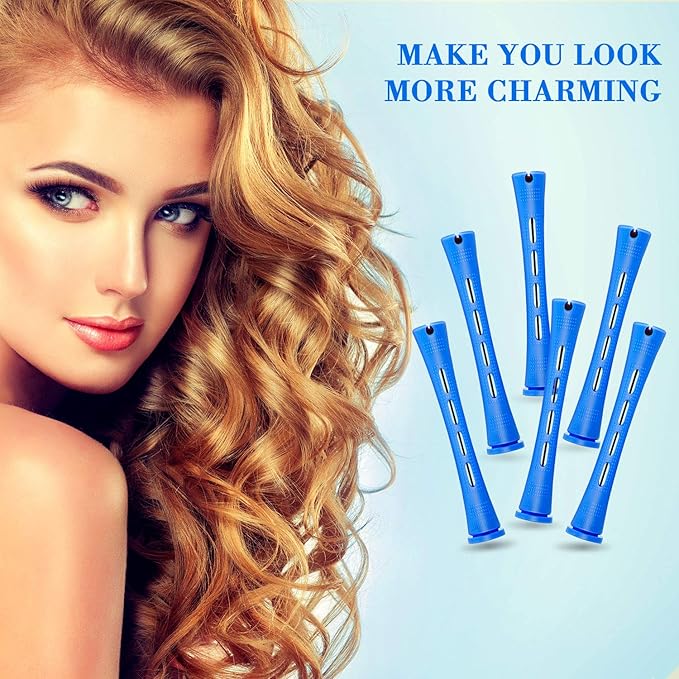 WILLBOND 96 Pcs Hair Perm Rods Plastic Cold Wave Perming Rod for Short Long Hair Curlers Heatless Roller with 2 Steel Pintail Rat Tail Comb for Hairdressing Styling Tool(0.35 Inch/ 0.9 cm,Blue)