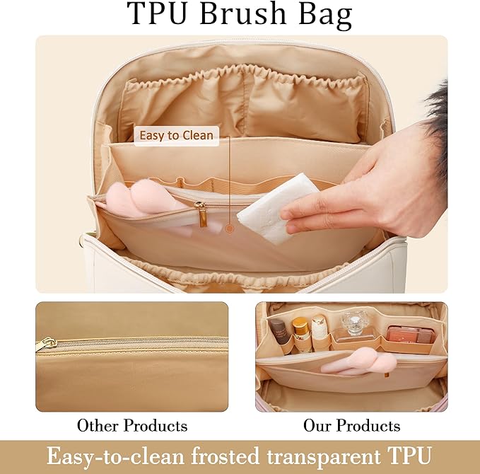 Birthday Gifts for Women Teen Girl, Personalized Initial Makeup Organizer Bag Set, Open Flat Travel Cosmetic Bag With Clear Divider and Handle(Large-Beige,M)