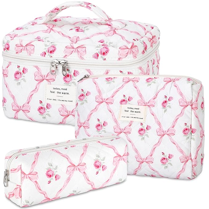 senbowe Floral Makeup Bag, 3 Pack Large Cotton Quilted Pink Bow Makeup Bag Set, Cute Floral Coquette Aesthetic Toiletry Bag Make Up Cosmetic Bag for Women, Toiletry Travel Make Up Organizer Bag